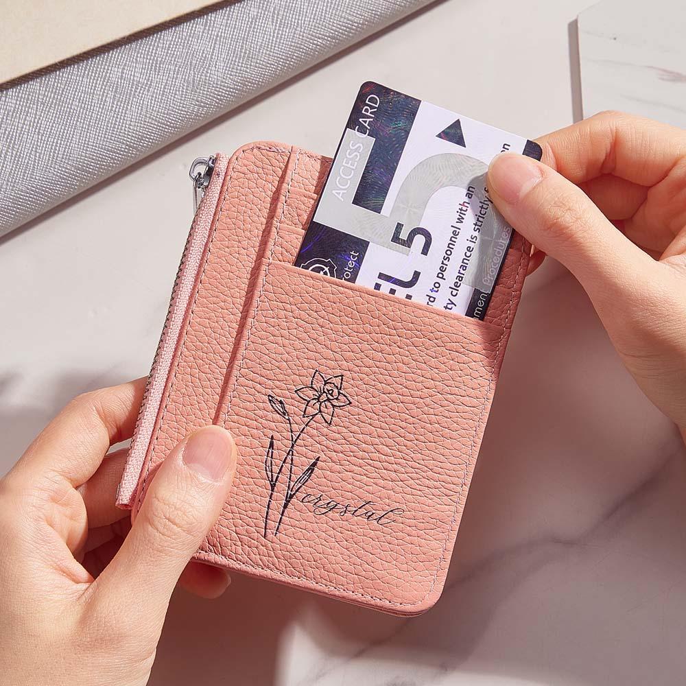 Personalized Birth Flower Leather Wallet with Name 8 Card Slots Wallet Birthday Gift for Her -