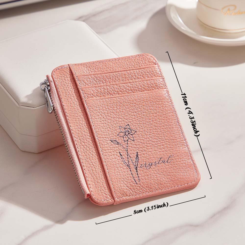 Personalized Birth Flower Leather Wallet with Name 8 Card Slots Wallet Birthday Gift for Her -