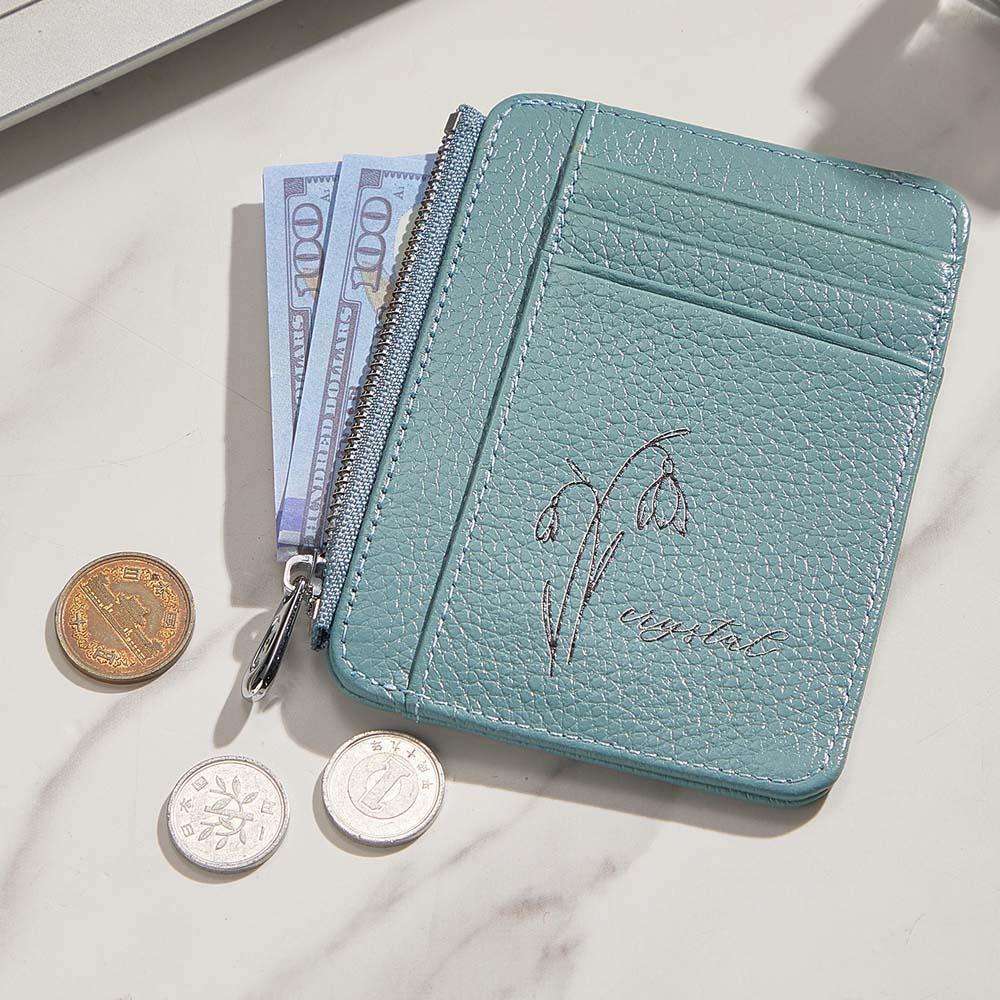 Personalized Birth Flower Leather Wallet with Name 8 Card Slots Wallet Birthday Gift for Her -
