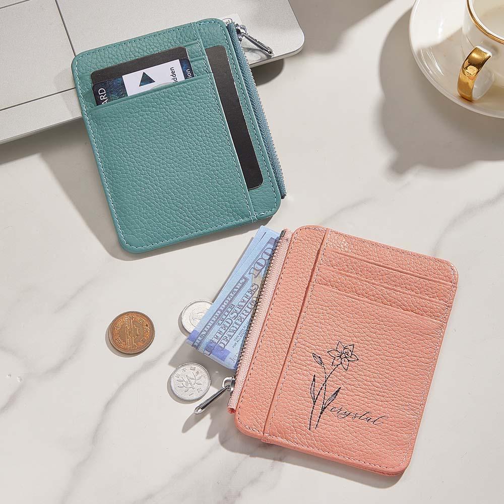 Personalized Birth Flower Leather Wallet with Name 8 Card Slots Wallet Birthday Gift for Her -
