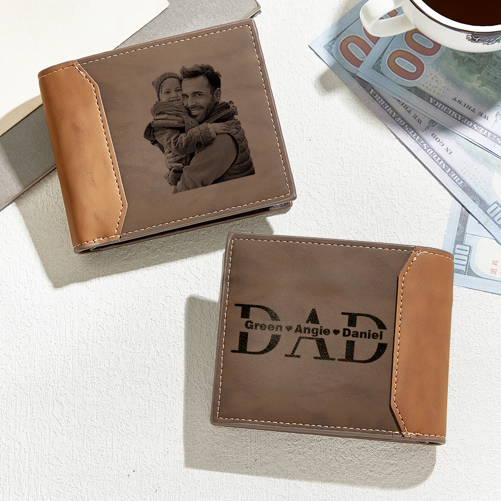 Father's Day Gift Personalized Photo & Name Leather Wallet Custom Engraved Leather Wallet with Photo & Kids' Names