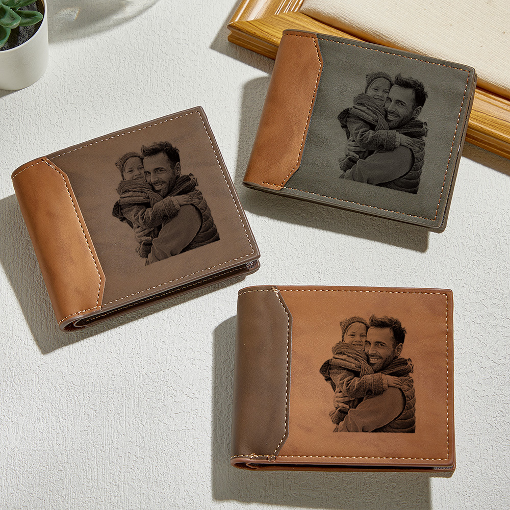 Father's Day Gift Personalized Photo & Name Leather Wallet Custom Engraved Leather Wallet with Photo & Kids' Names