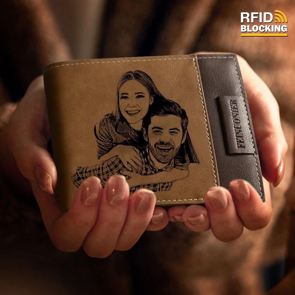 Best Gift Choice - Custom Photo Engraved Wallet RFID Blocking Wallet Brown Personalized Wallets
