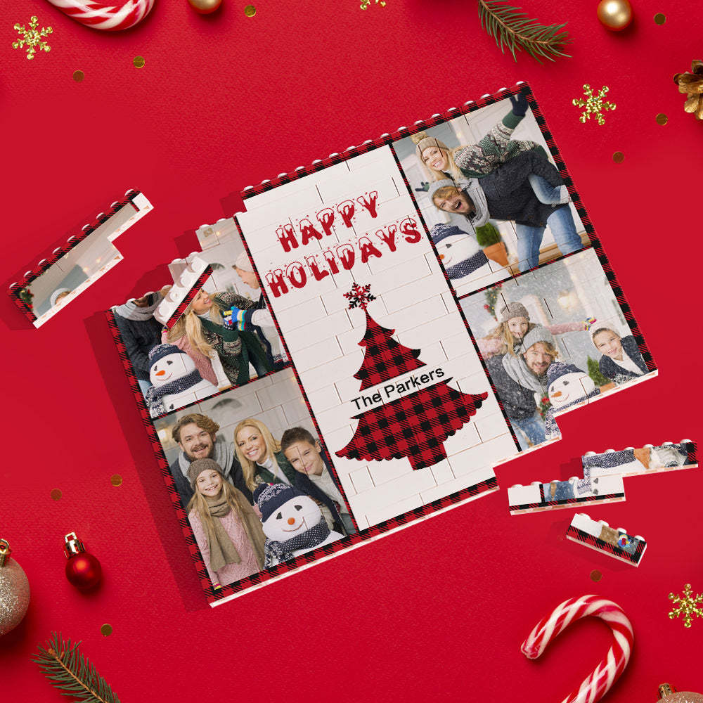Custom Building Block Puzzle Horizontal Trio Photo Brick Happy Holidays - CustomPhotoWallet