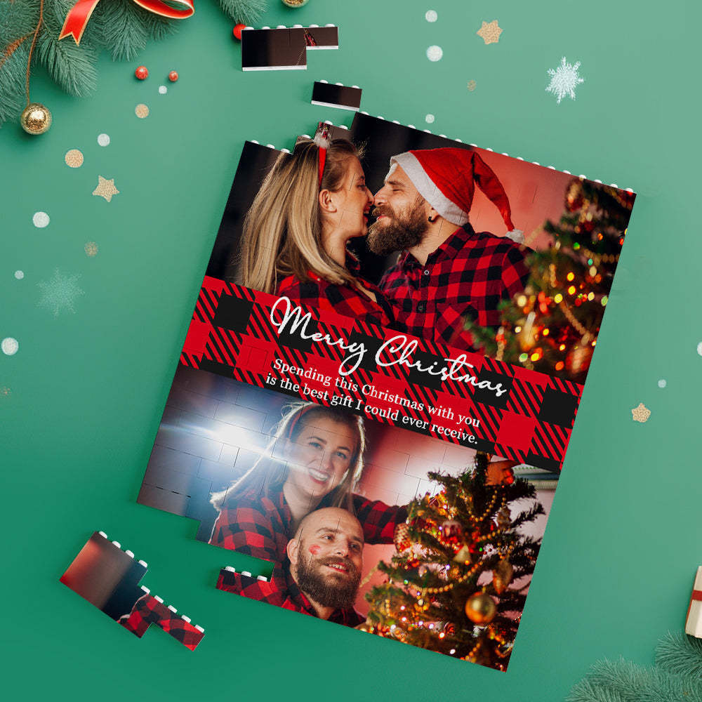 Custom Building Block Puzzle Vertical Building Couple Photo Brick Merry Christmas - CustomPhotoWallet