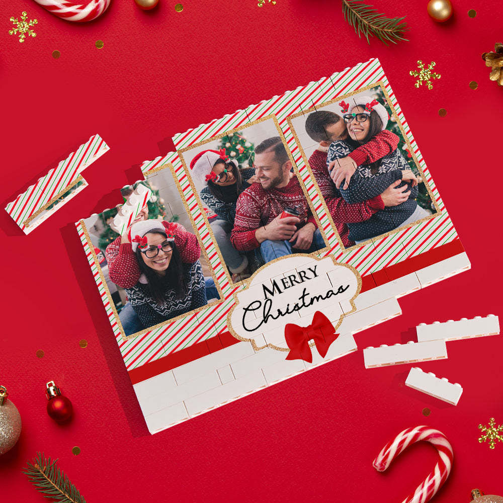 Custom Building Block Puzzle Personalized Horizontal Trio Couple Photo Brick Merry Christmas - CustomPhotoWallet