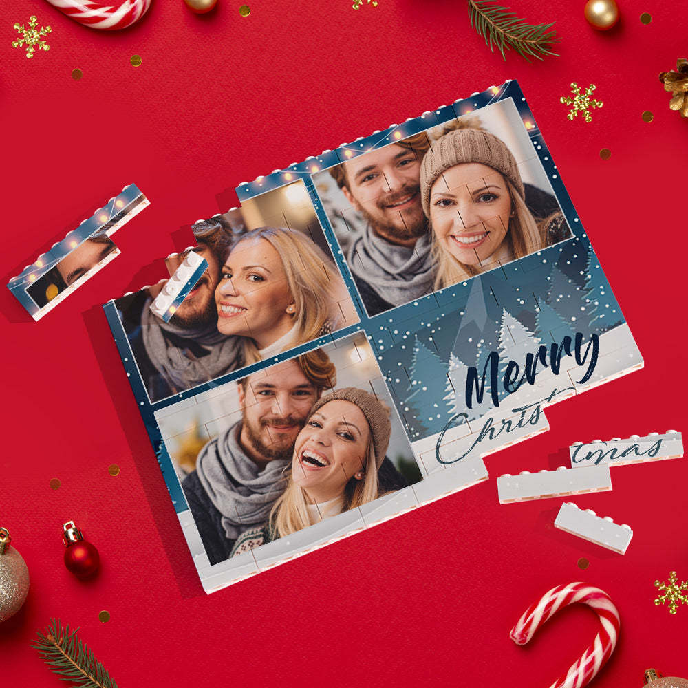Custom Building Block Puzzle Personalized Blue Horizontal Trio Couple Photo Brick Christmas Gift - CustomPhotoWallet