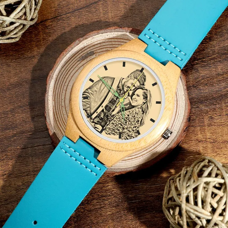 Men's Engraved Wooden Photo Watch Blue Leather Strap - Bamboo - photowatch