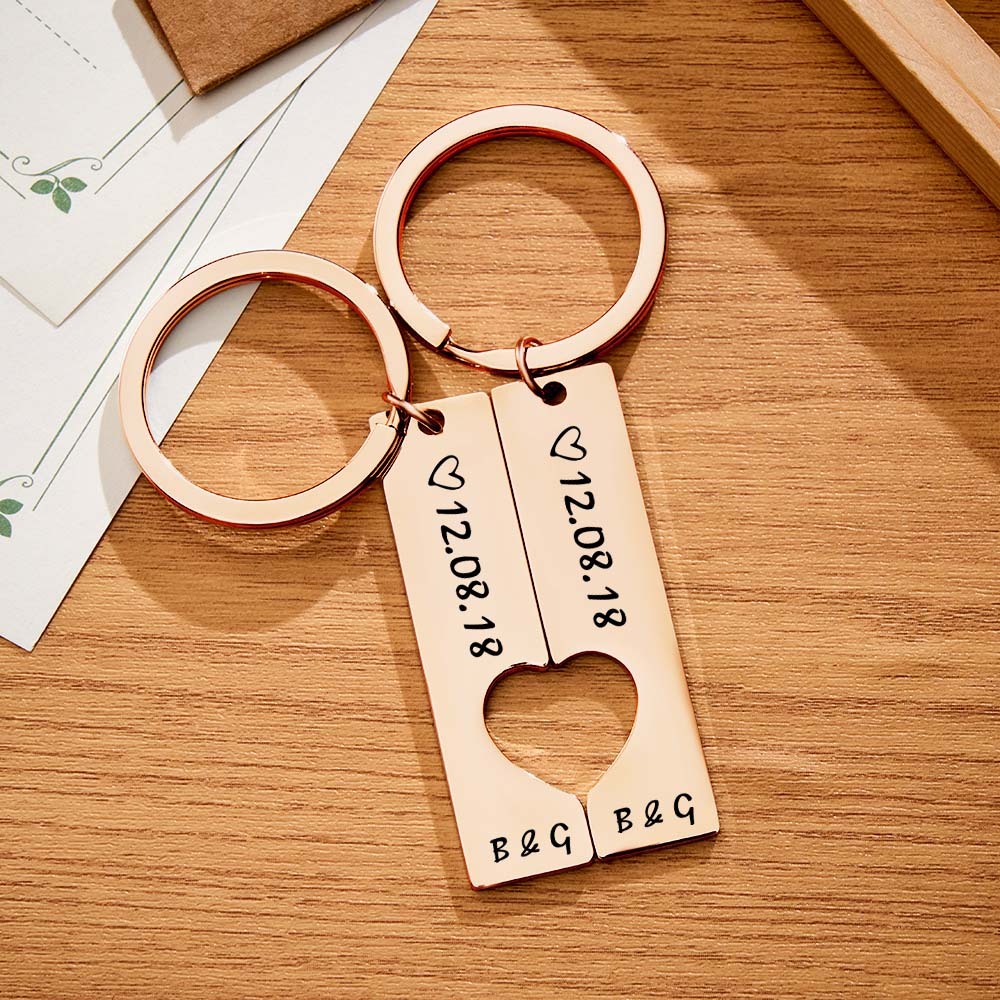 Couple Keychain Set Heart Custom Keychain Personalized 2pcs Matching Keyring Gift for Him - CustomPhotoWallet