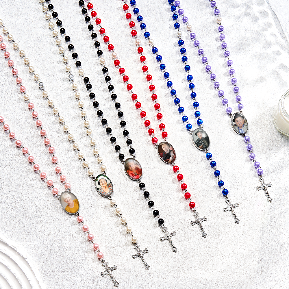 Custom Rosary Beads Cross Multi-Color Necklace Personalised Necklace with Photo Memorial Gift for Women