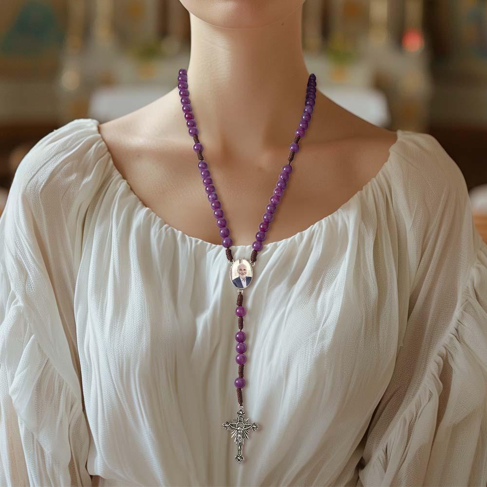 Custom Rosary Beads Cross Necklace Personalized Handmade Purple Necklace with Photo - Myphotowallet