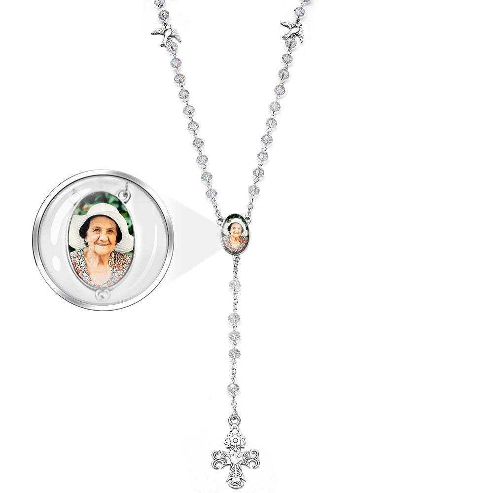 Custom Rosary Beads Cross Necklace Personalized White Stained Glass Crystal Cross Necklace with Photo - Myphotowallet