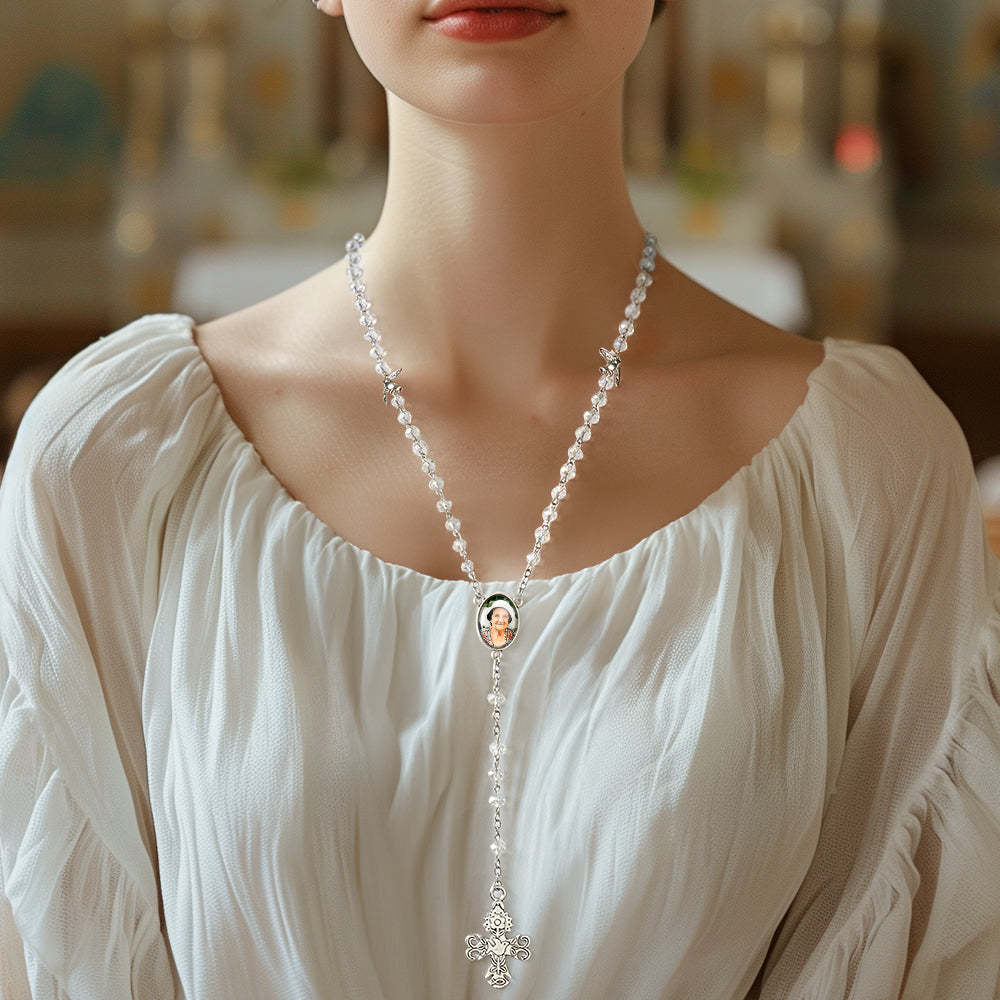 Custom Rosary Beads Cross Necklace Personalized White Stained Glass Crystal Cross Necklace with Photo - Myphotowallet