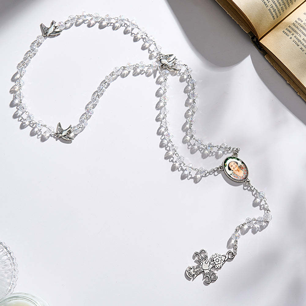 Custom Rosary Beads Cross Necklace Personalized White Stained Glass Crystal Cross Necklace with Photo - Myphotowallet