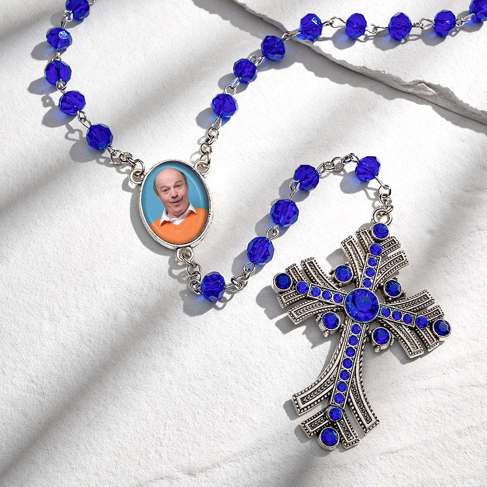 Custom Rosary Beads Cross Necklace Personalized Goth Blue Beads Necklace with Photo - Myphotowallet