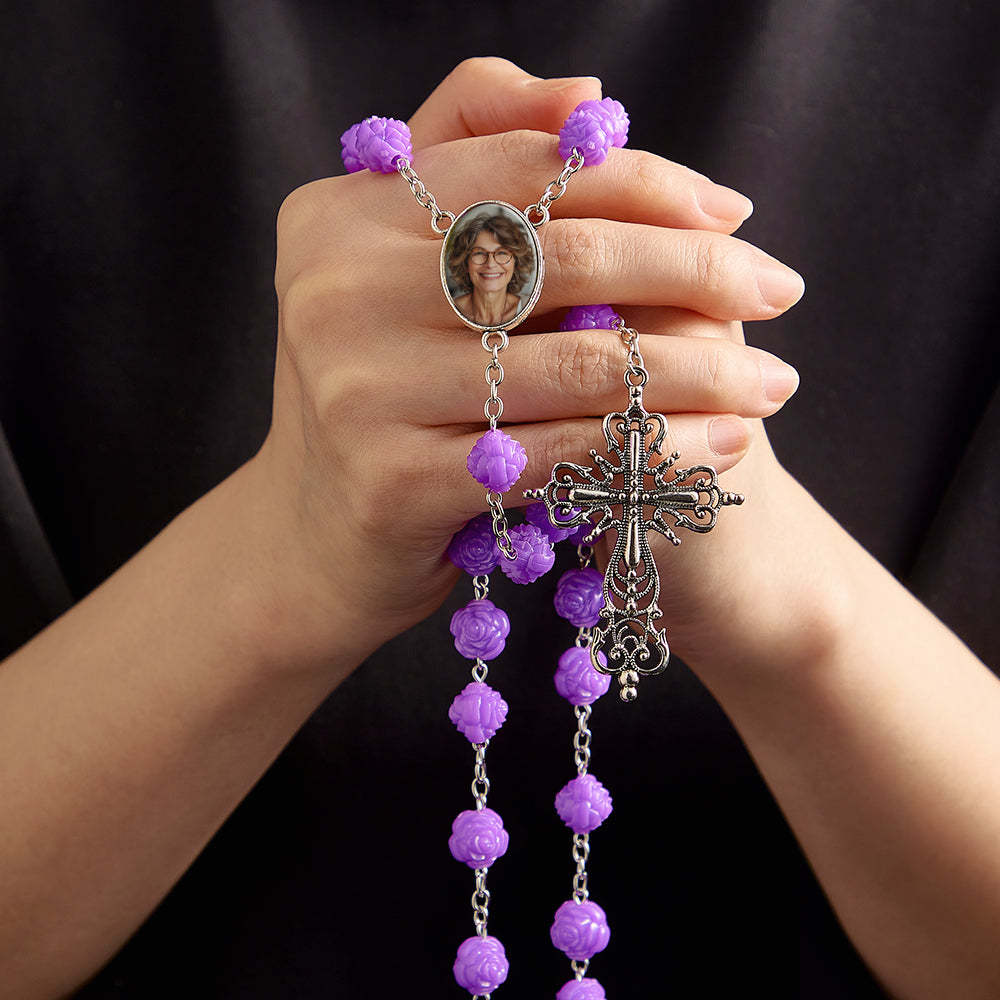 Custom Rosary Beads Cross Necklace Personalized Purple Double Sided Rose Necklace with Photo - Myphotowallet
