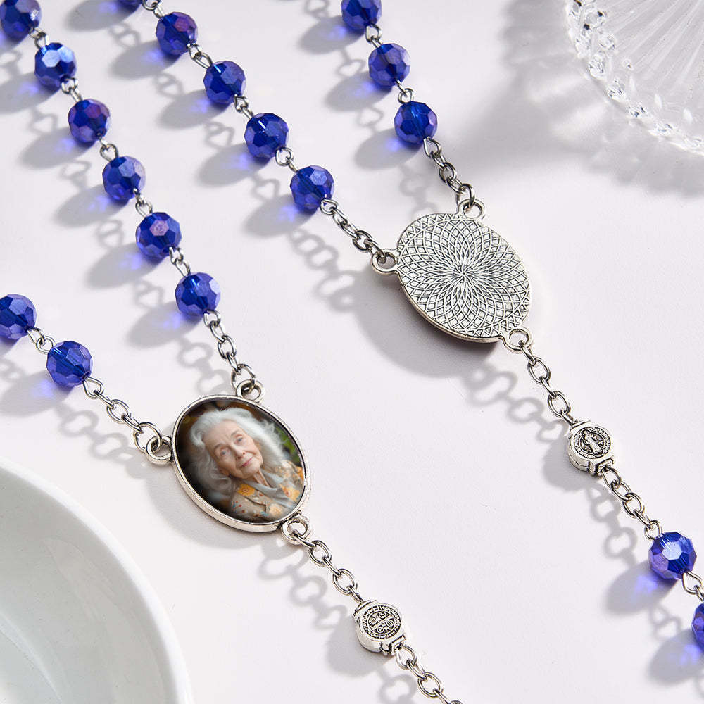 Custom Rosary Beads Cross Necklace Personalized Blue Crystal Necklace with Photo - Myphotowallet
