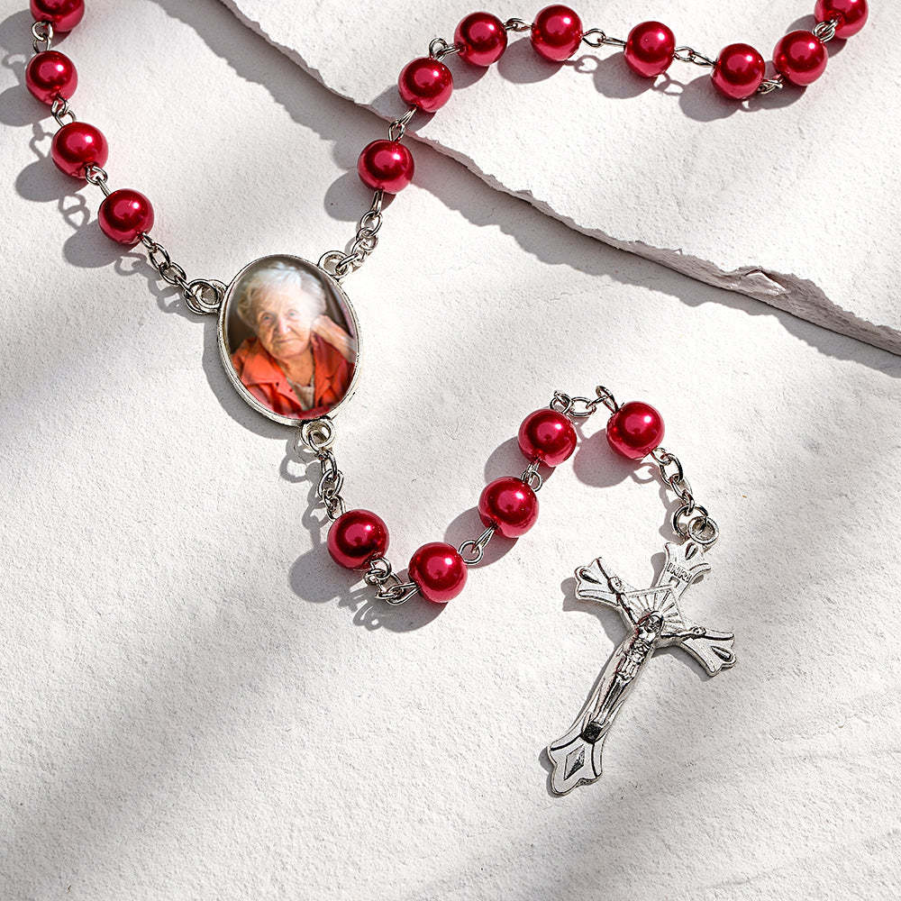 Custom Rosary Beads Cross Necklace Personalized Glass Imitation Pearls Necklace with Photo - Myphotowallet