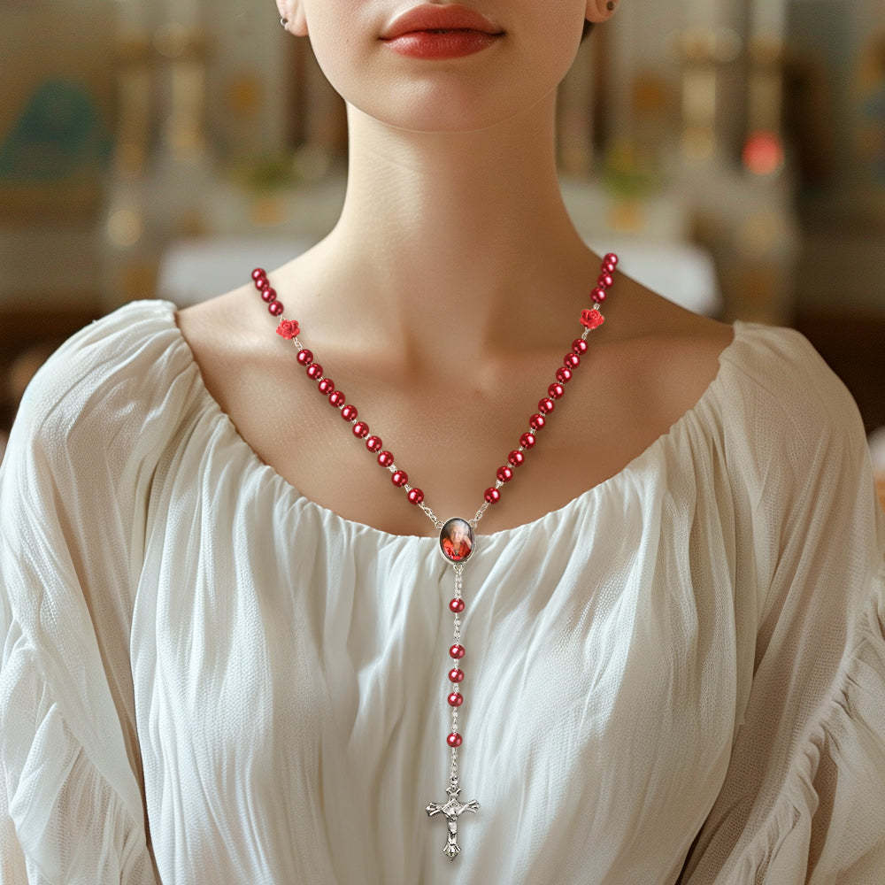 Custom Rosary Beads Cross Necklace Personalized Glass Imitation Pearls Necklace with Photo - Myphotowallet