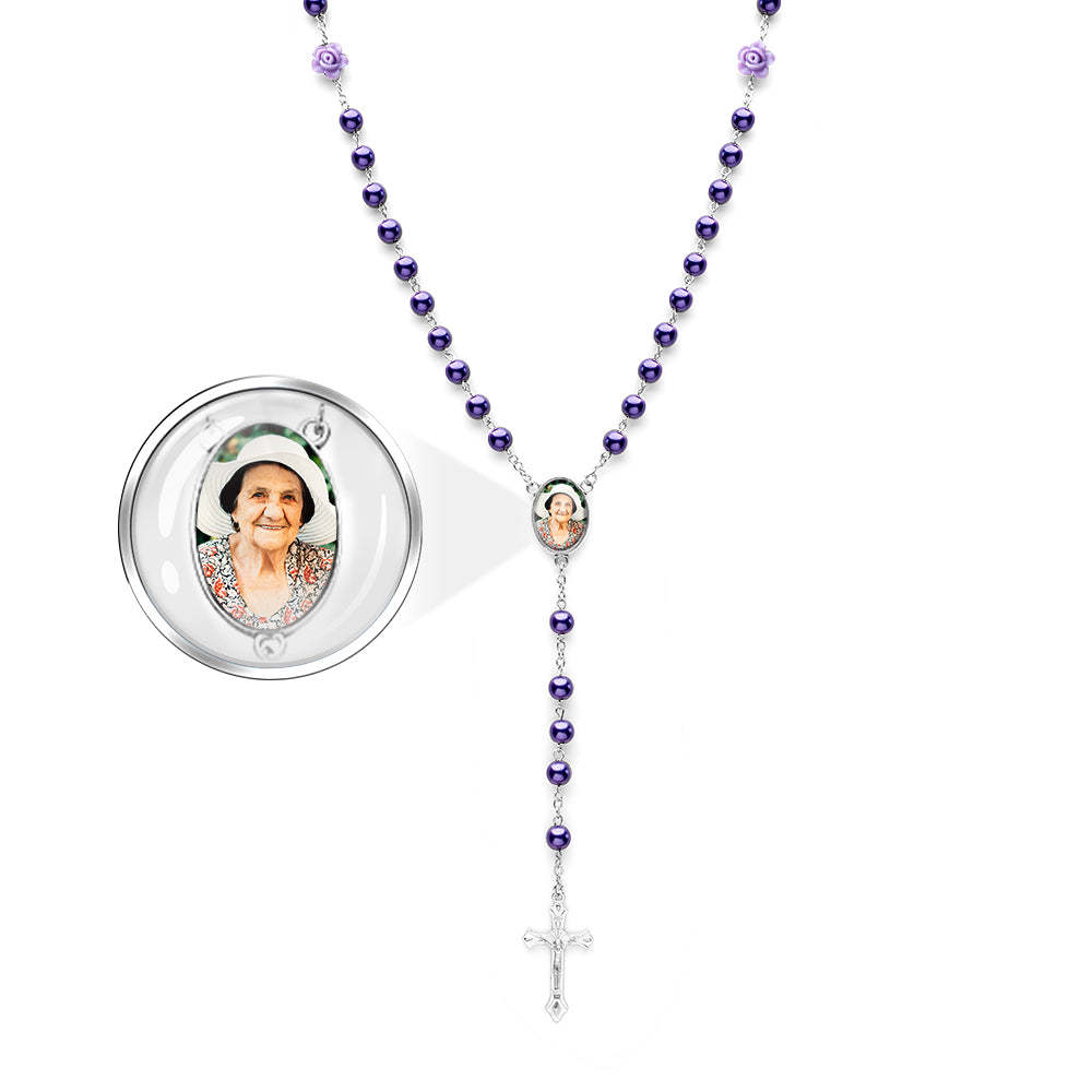 Custom Rosary Beads Cross Necklace Personalized Glass Imitation Pearls Necklace with Photo - Myphotowallet