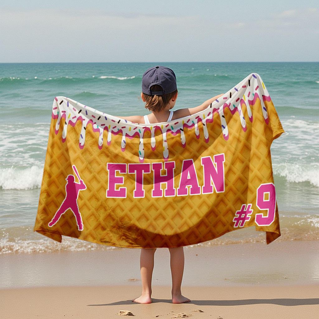 Custom Ice Cream Drip Baseball Beach Towel For Boys Personalized Drip Beach Towel Team Gift Youth Baseball Gift - 