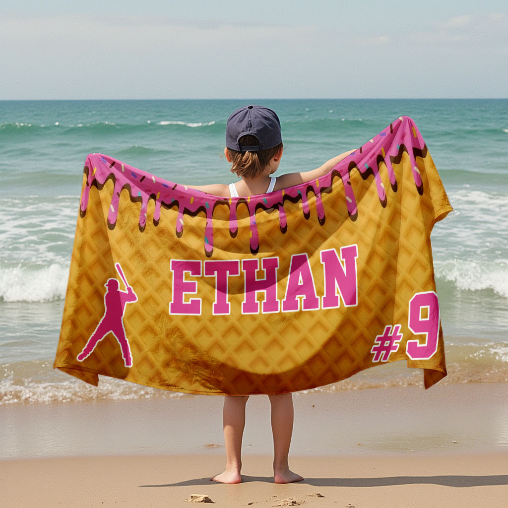 Custom Ice Cream Drip Baseball Beach Towel For Boys Personalized Drip Beach Towel Team Gift Youth Baseball Gift - 