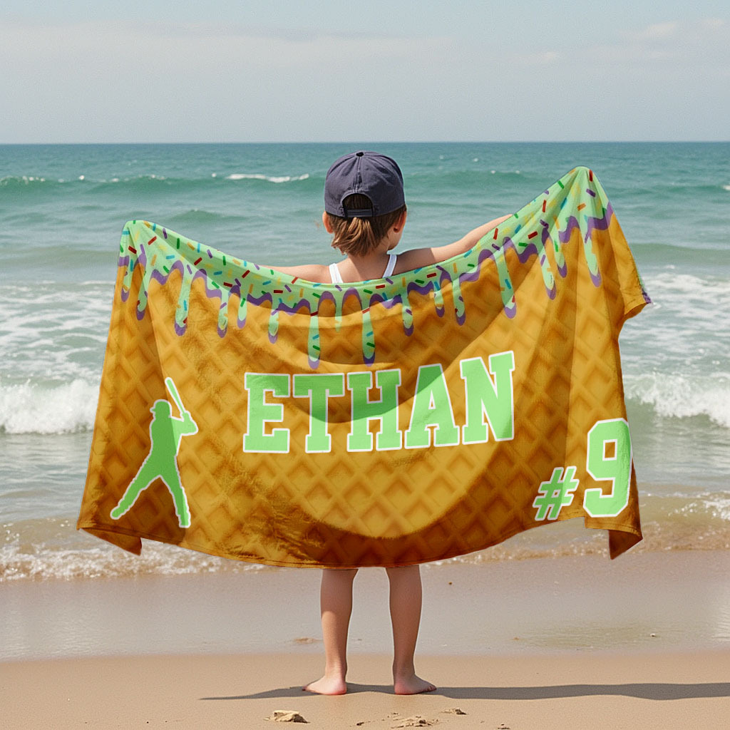 Custom Ice Cream Drip Baseball Beach Towel For Boys Personalized Drip Beach Towel Team Gift Youth Baseball Gift - 