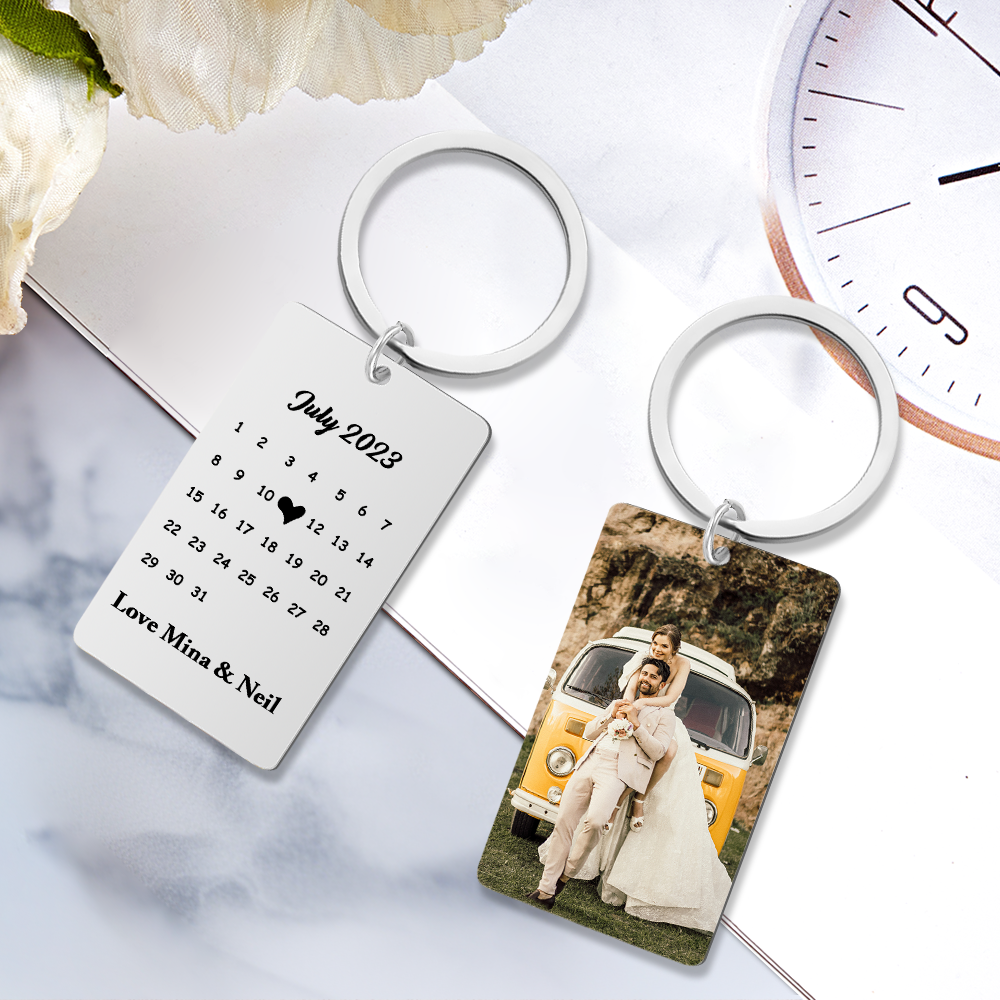 Anniversary Gift Custom Photo Keychain Personalized Calendar Keychain Save the Date Calendar Gift - CustomPhotoWallet