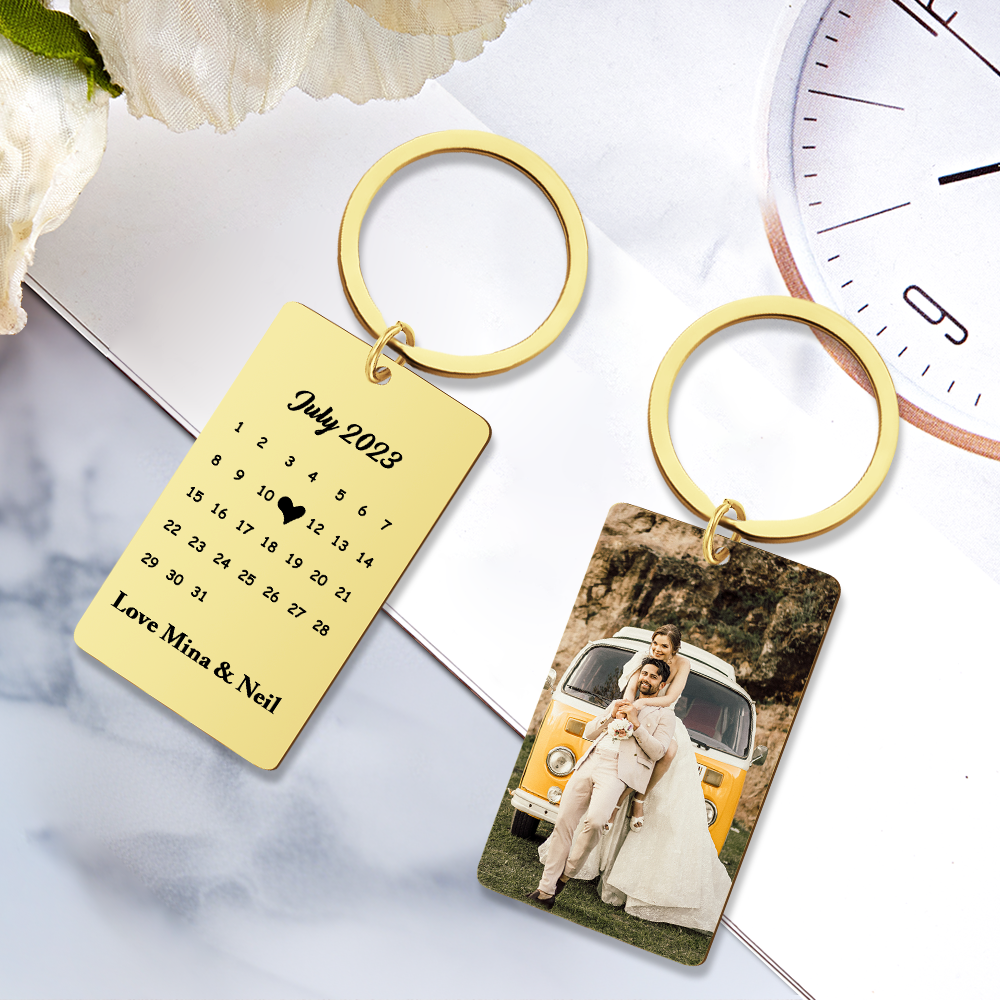 Anniversary Gift Custom Photo Keychain Personalized Calendar Keychain Save the Date Calendar Gift - CustomPhotoWallet