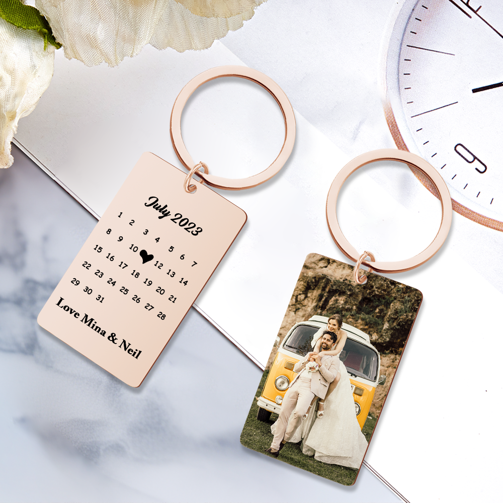 Anniversary Gift Custom Photo Keychain Personalized Calendar Keychain Save the Date Calendar Gift - CustomPhotoWallet