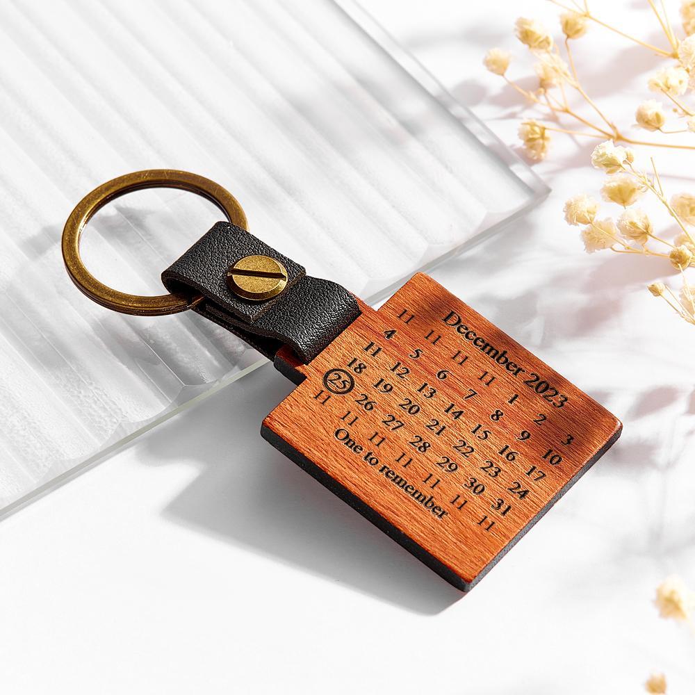 Custom Engraved Calendar Wooden Keychain Personalized Memorial Date Anniversary Gifts - CustomPhotoWallet