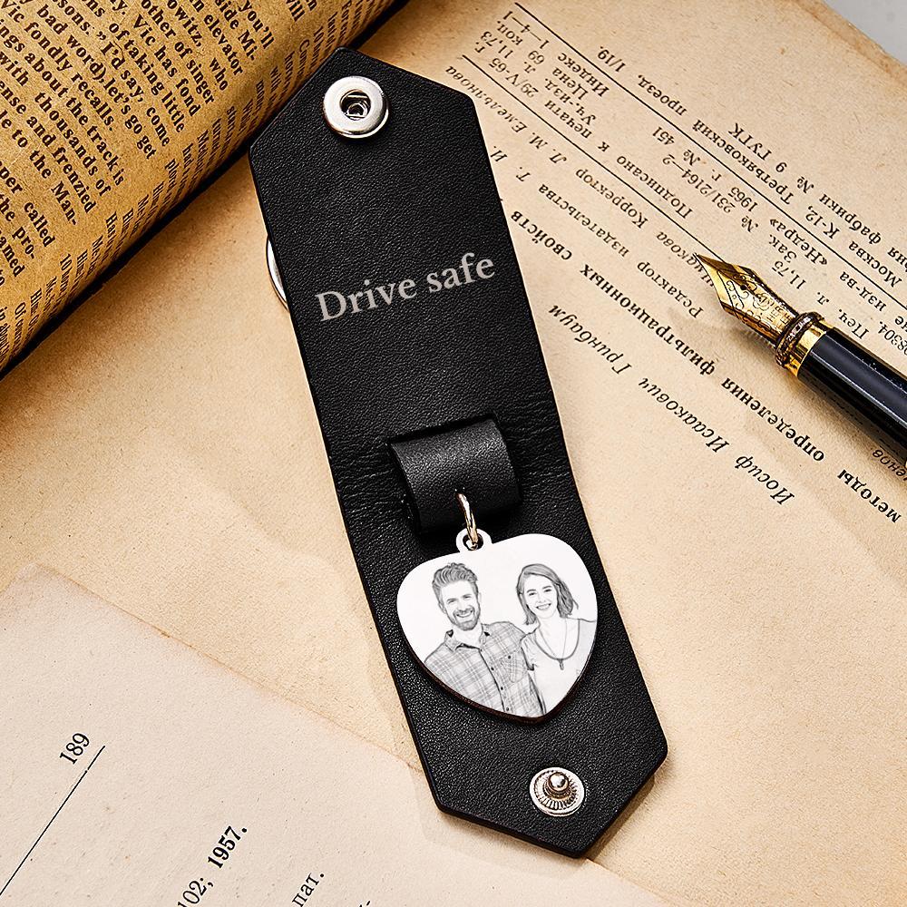 Custom Heart Shaped Photo Leather Keychain With Text Annivesary Gifts For Men - CustomPhotoWallet