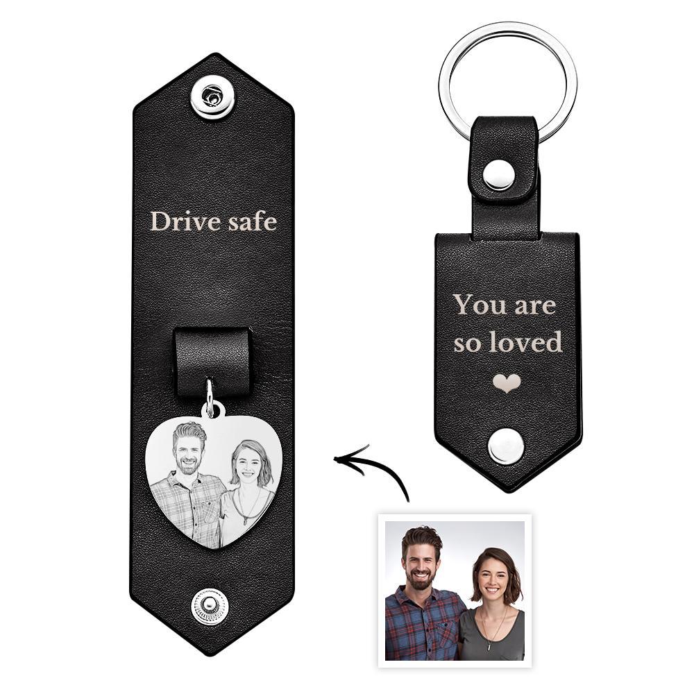Custom Heart Shaped Photo Leather Keychain With Text Annivesary Gifts For Men - CustomPhotoWallet