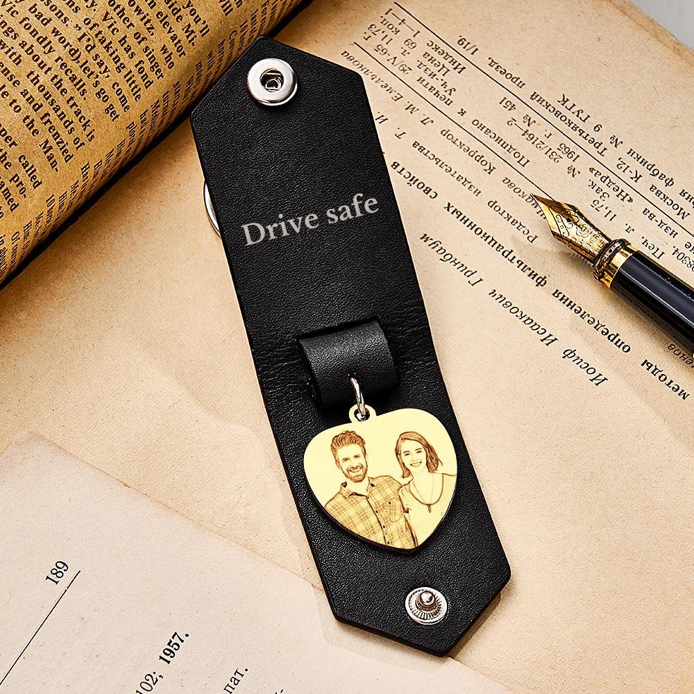 Custom Heart Shaped Photo Leather Keychain With Text Annivesary Gifts For Men - CustomPhotoWallet