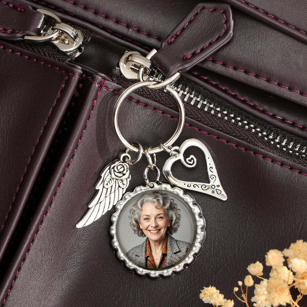 Personalized Photo Keychain with Text Heart Wing Keychain Memorial Gift -