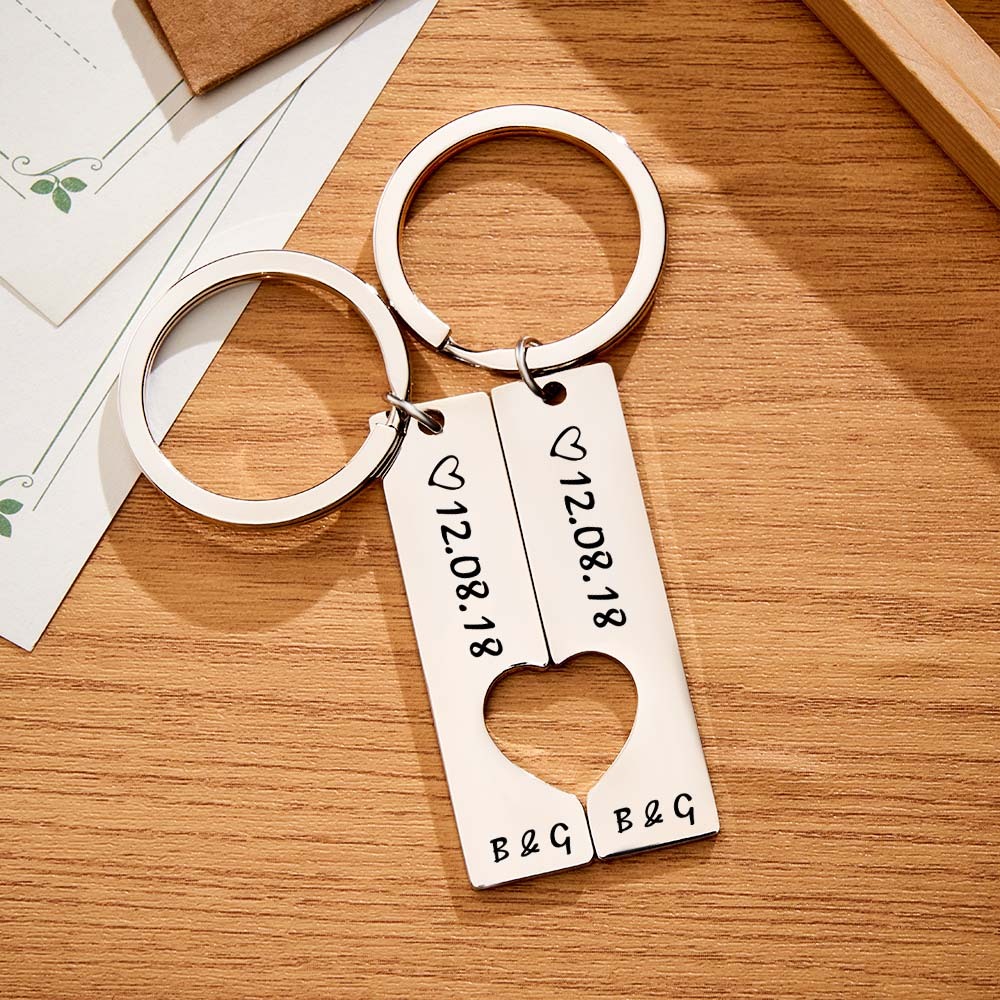Couple Keychain Set Heart Custom Keychain Personalized 2pcs Matching Keyring Gift for Him - CustomPhotoWallet
