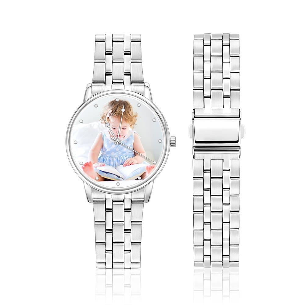 UK Watch Gift For Him - Engraved Men's Silver Alloy Bracelet Photo Watch 40mm