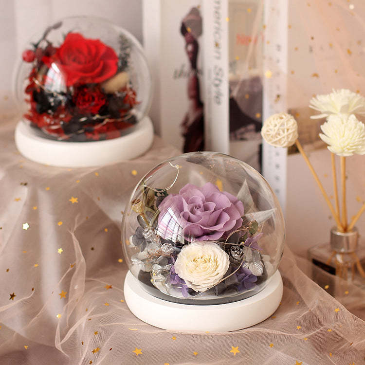 Anniversary Gift Preserved Flower Rose Preserved Flower Gift Box Glass Cover 1Pcs - White