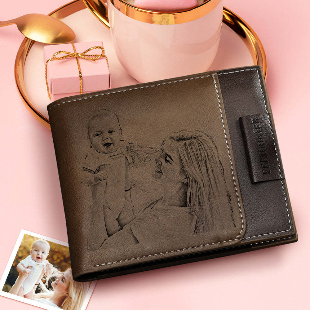 Best Gift Choice - Custom Photo Engraved Wallet RFID Blocking Wallet Brown Personalized Wallets