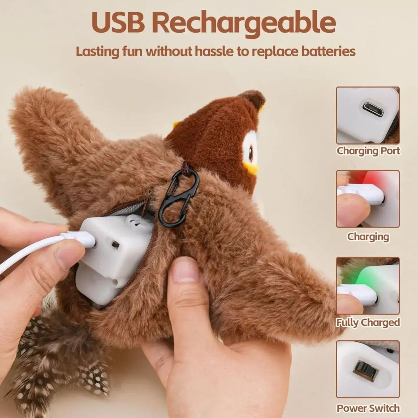 Interactive Cat Toys Rechargeable Flying Bird Cat Toy Chirping Flapping Bird(no Flying) Can Add Catnip Touch Activated Plush Toy - 