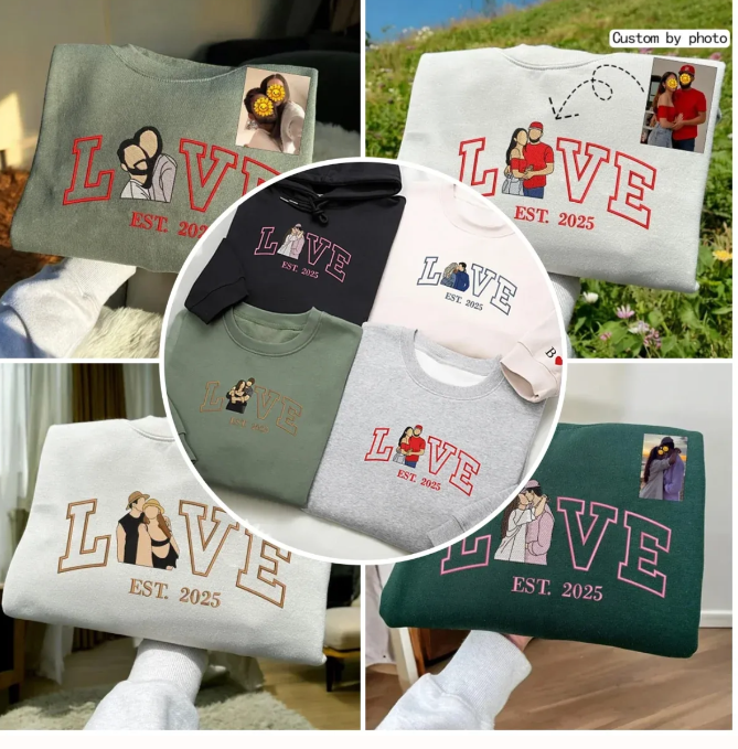 Personalized Embroidered Photo Couple LOVE Est Year Sweatshirt/Hoodie - 