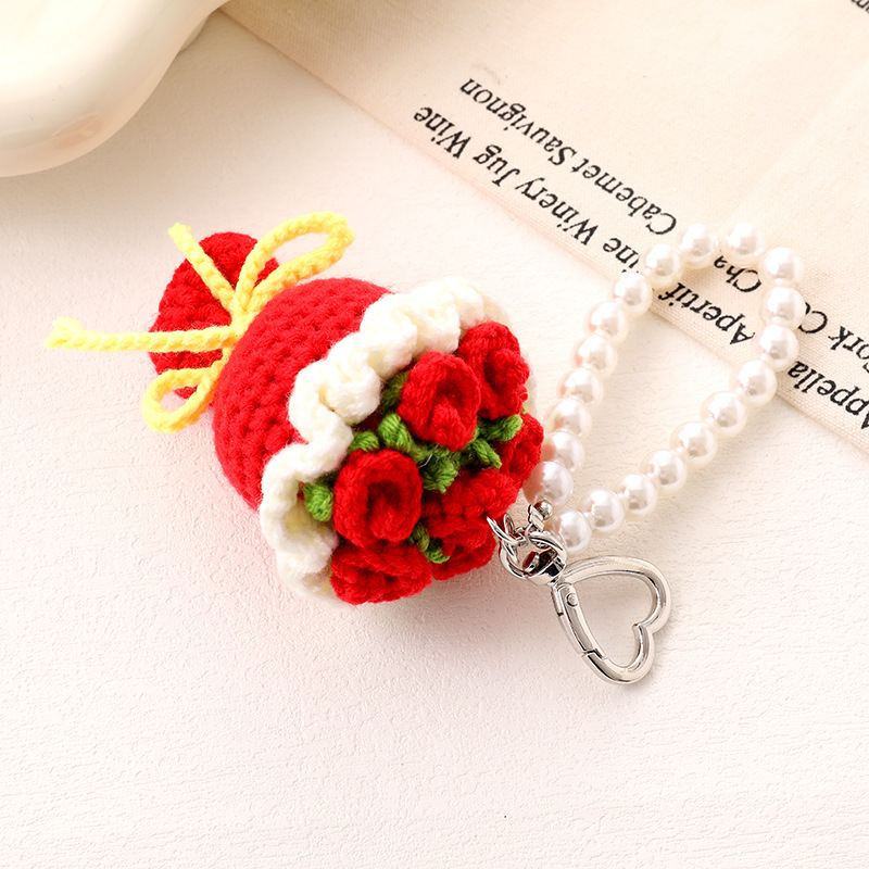 Handwoven Rose Keychain Wristlet - Elegant Floral Keyring for Women, Cute Boho Chic Purse Accessory, Gift Idea - 