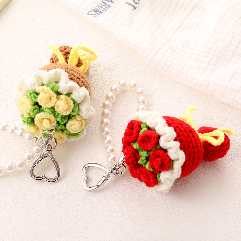 Handwoven Rose Keychain Wristlet - Elegant Floral Keyring for Women, Cute Boho Chic Purse Accessory, Gift Idea - 