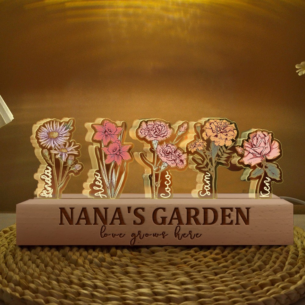 Custom Grandma's Garden Love Grows Here Birth Flower Wood Night Light Unique Gifts for Mum Grandma