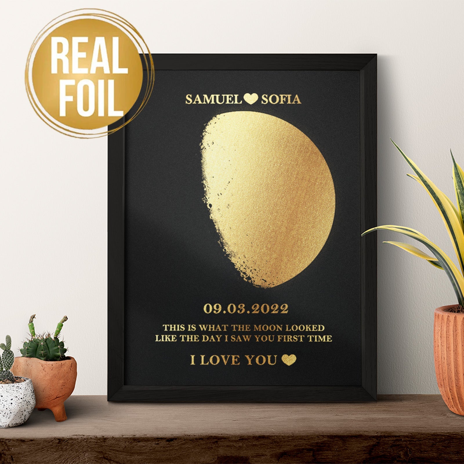 Custom Moon Phase Foil Print Wooden Frame Personalised Name and Text Family Gift