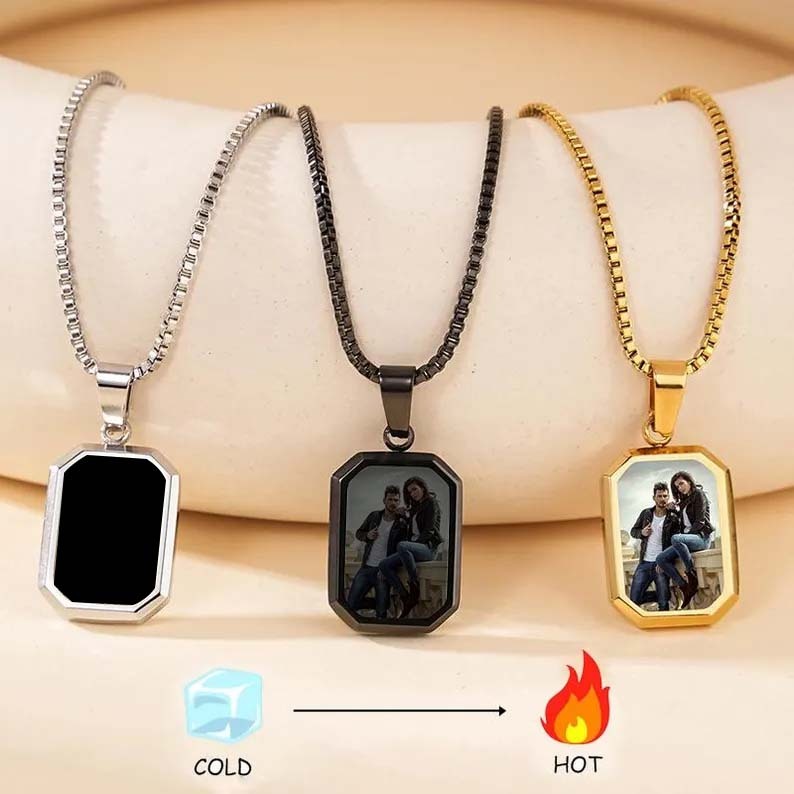 Father's Day Gifts Custom Photo Hidden Heart Magic Necklace Personalized Cold Concealed Photo Necklace Heat Reveal Picture Necklace Gifts for Him