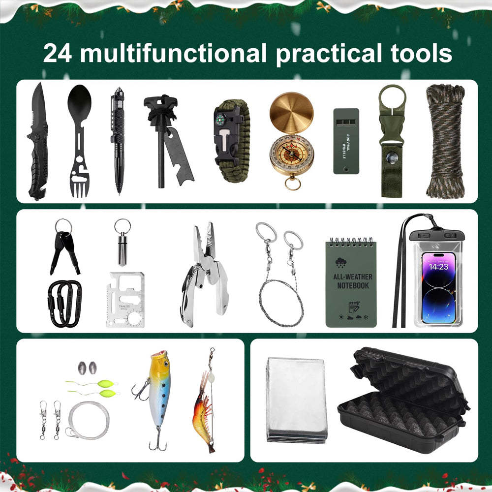 24-in-1 Outdoor Survival Gear Kit, Christmas Gift for Men & Women, Compact Multitool for Camping, Hiking, Emergencies & Adventures - 