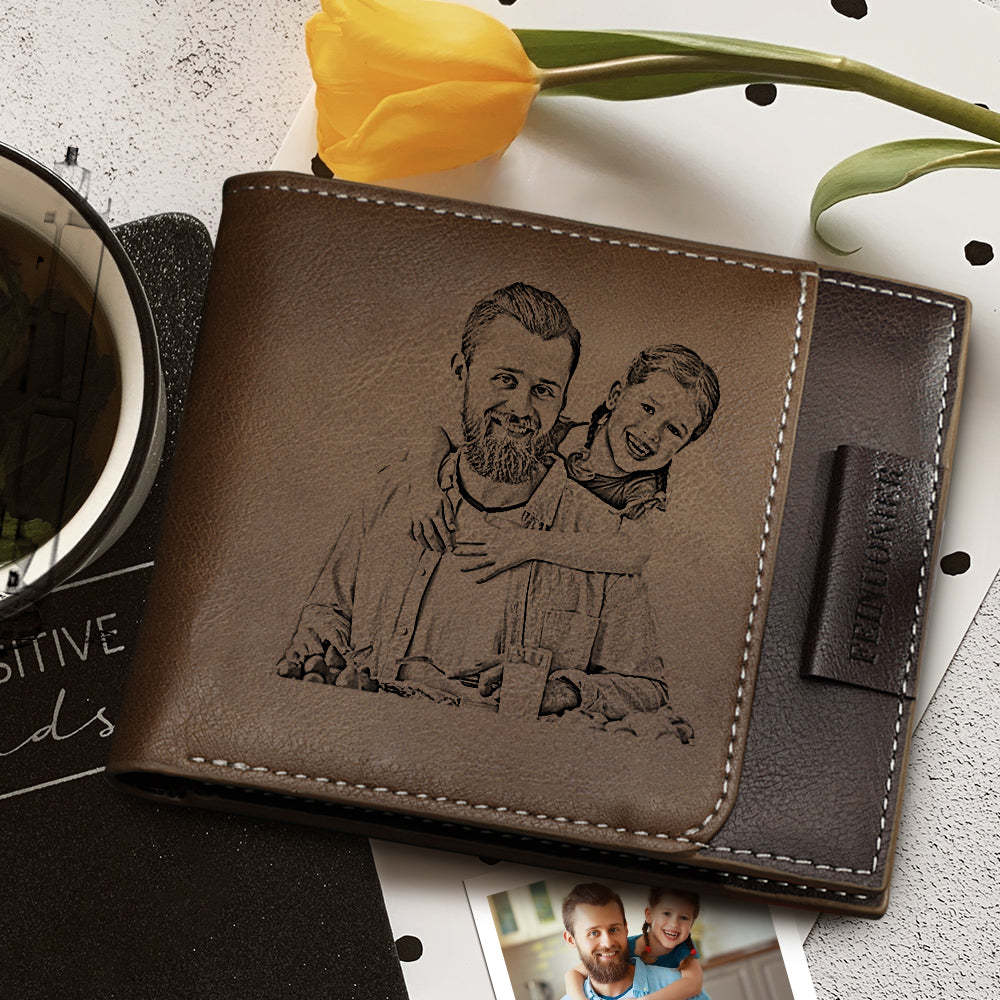 Men's Custom Photo Engraved Wallet RFID Blocking Wallet Brown For Father