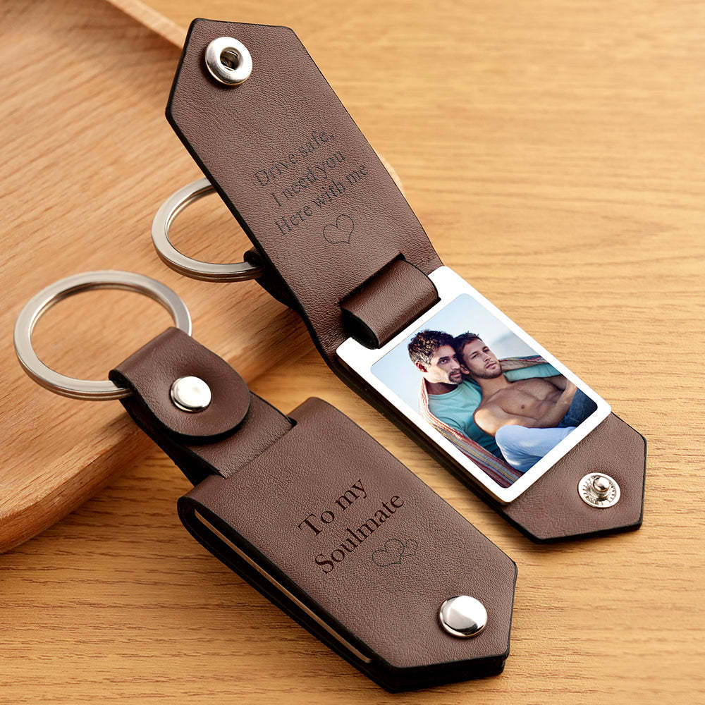 Drive Safe Keychain Gift for LGBT Custom Leather Photo Text Keychain with Engraved Text - Myphotowallet