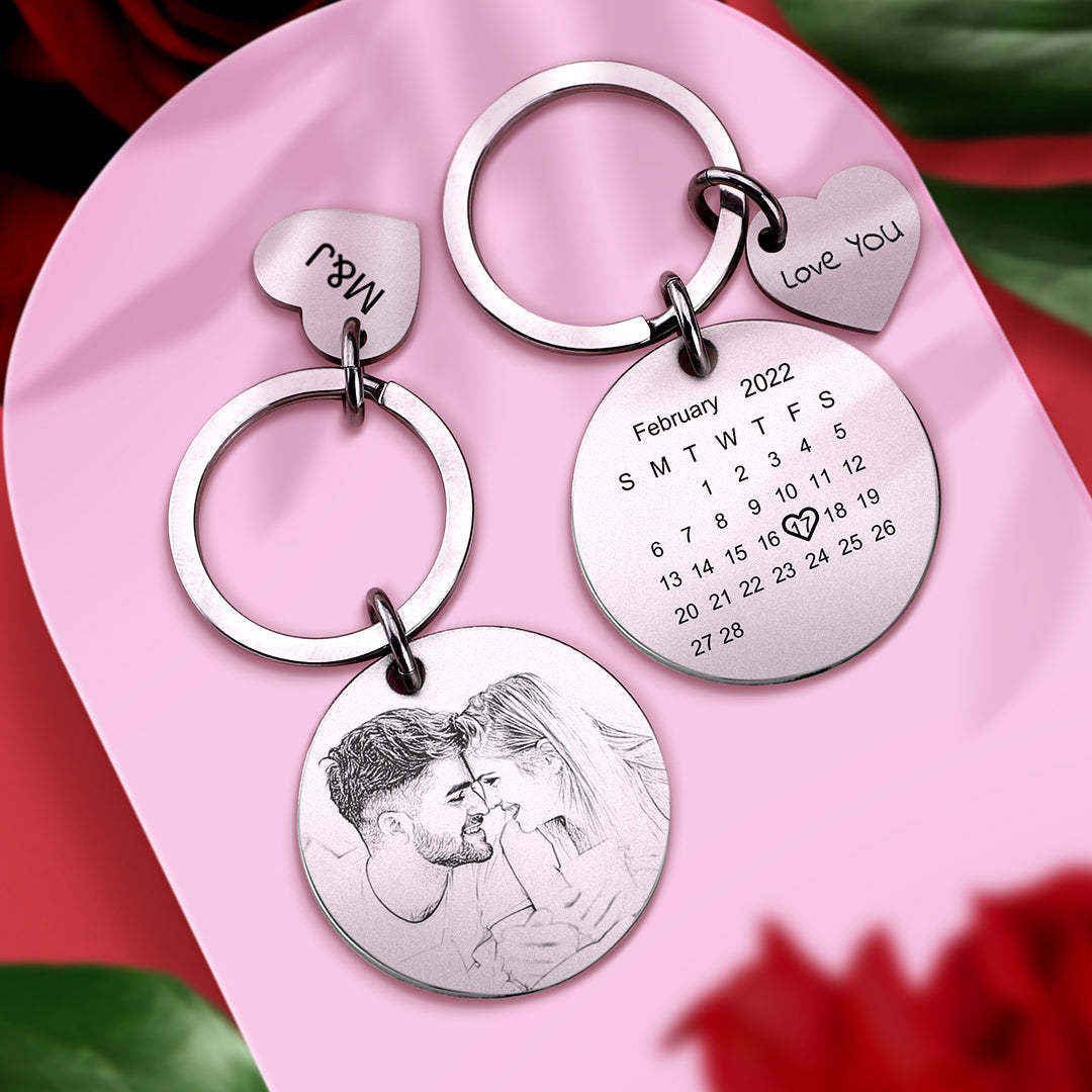 Custom Photo Engraved Calendar Keychain Gifts For Anniversary